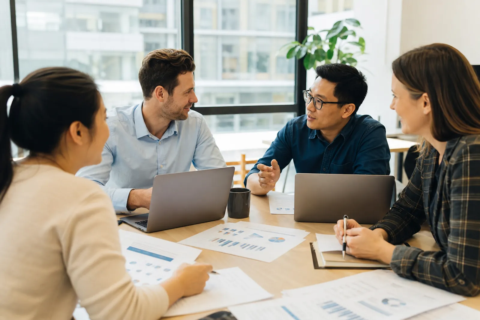 Accounting and product specialists at Ledgeriano planning multi-entity accounting features around a table