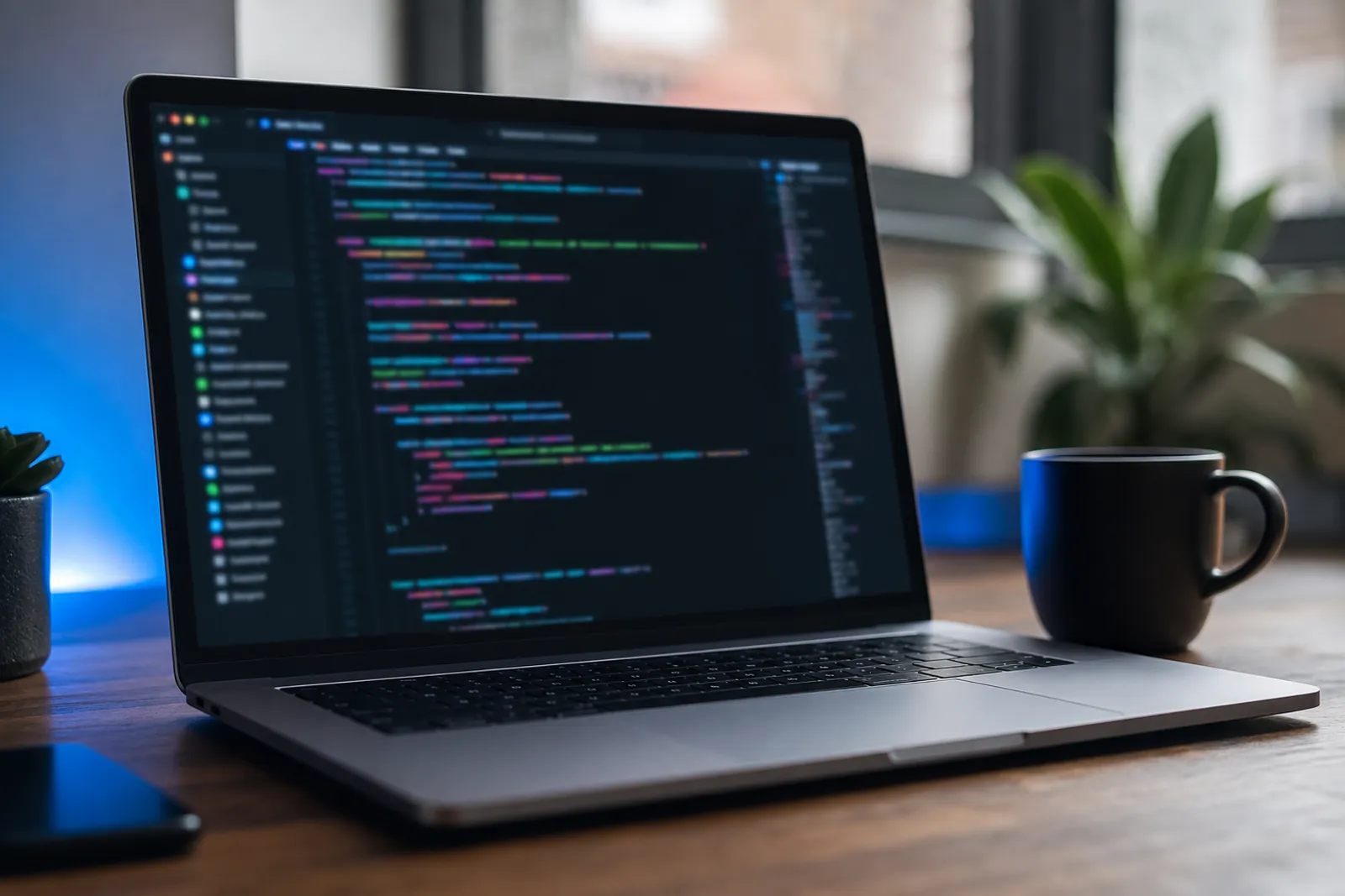 Developer laptop showing code that posts a journal entry to the Ledgeriano accounting API