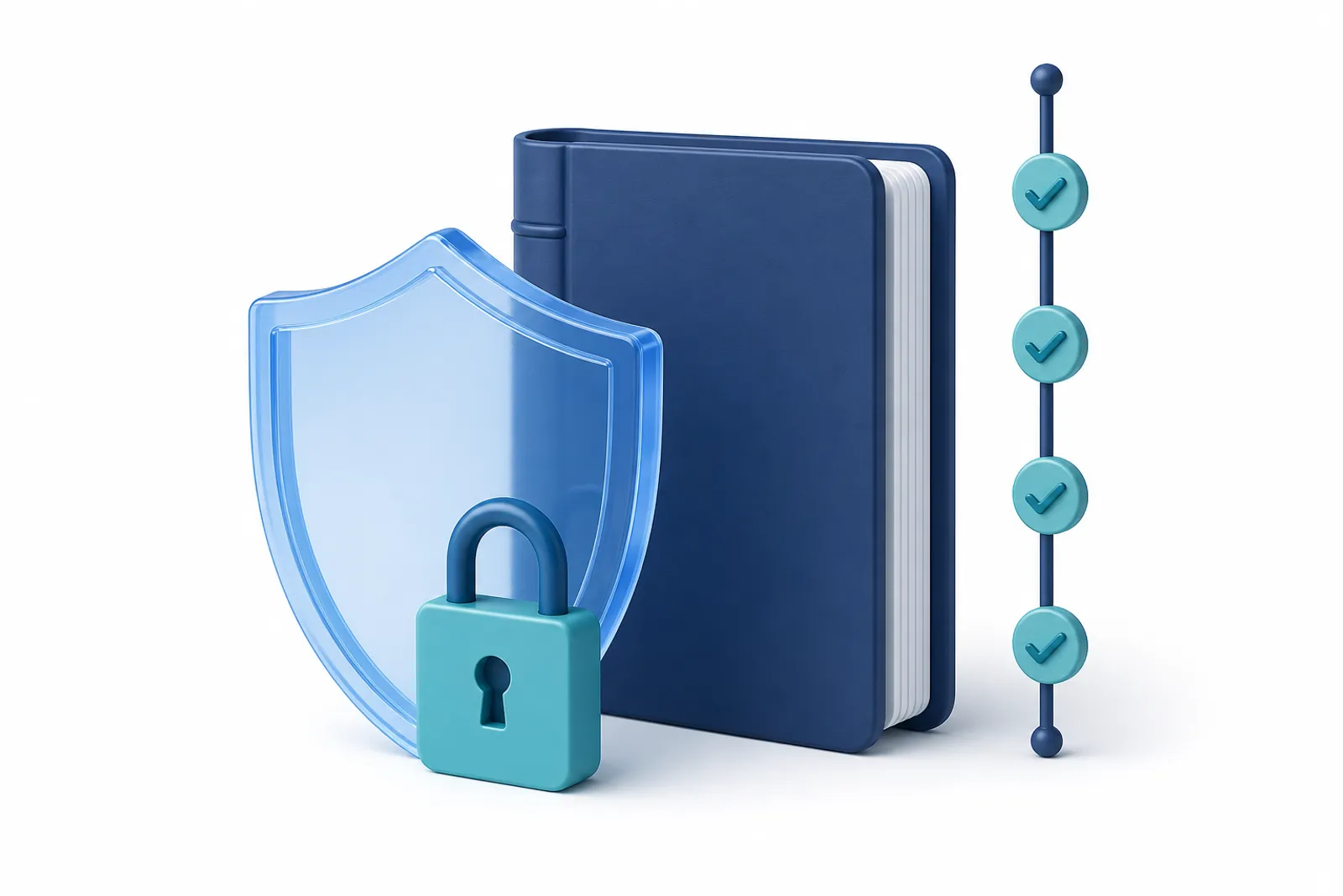 Shield and padlock over a ledger with an audit trail timeline, representing roles, 2FA and audit logs