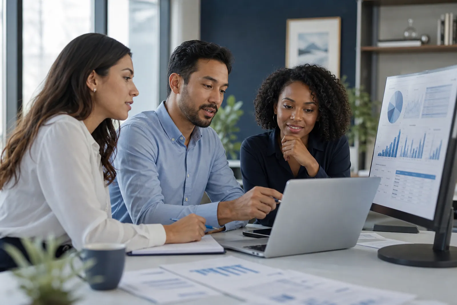 Accountants reviewing balanced journal entries and a profit and loss report in Ledgeriano